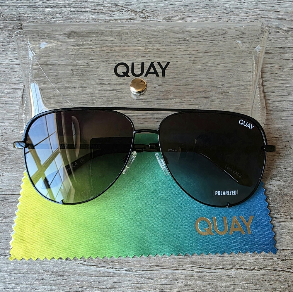 NWT QUAY Australia “High Key” Polarized Aviator Sunglasses – Black – 64□14-145